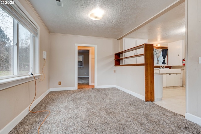 spare room with sink, light colored carpet, and a textured ceiling