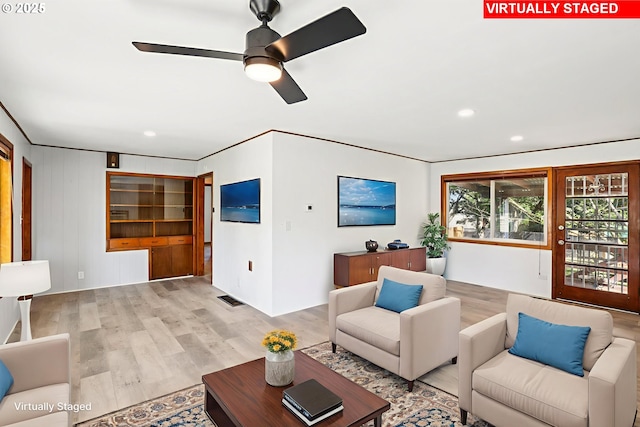 10925 NE Skidmore St, Portland, OR 97220 - living area featuring wood finished floors, recessed lighting, and a ceiling fan