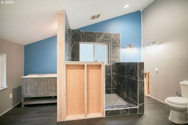 bathroom featuring toilet, vanity, tiled shower, and vaulted ceiling