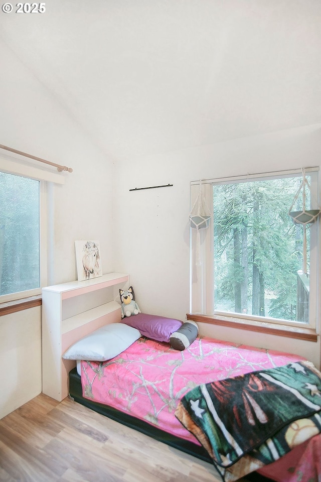 bedroom with hardwood / wood-style flooring, vaulted ceiling, and multiple windows