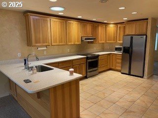 kitchen featuring sink, a kitchen breakfast bar, kitchen peninsula, light colored carpet, and stainless steel appliances