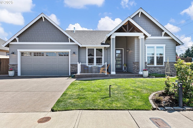 1705 Trevino Rd, Creswell, OR 97426 - craftsman-style house with stone siding, a garage, driveway, a front lawn, and a porch