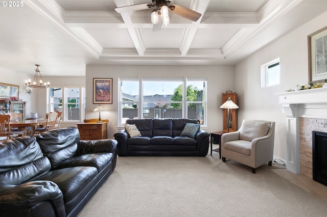 1705 Trevino Rd, Creswell, OR 97426 - living room with light colored carpet, a chandelier, a fireplace with flush hearth, a ceiling fan, and coffered ceiling