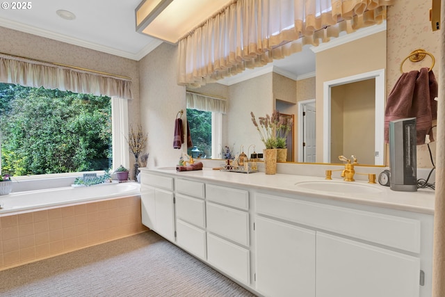 full bathroom with wallpapered walls, ornamental molding, a bath, and double vanity