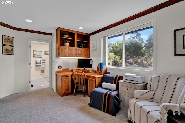 office area featuring crown molding, light carpet, recessed lighting, and baseboards