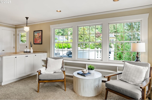 living area featuring light colored carpet and crown molding