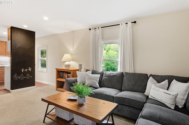 living room with light colored carpet