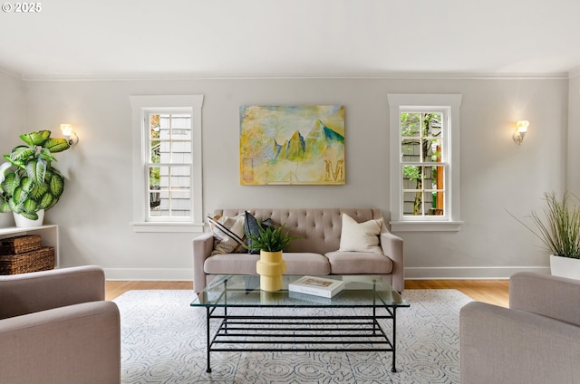 living room featuring a wealth of natural light, ornamental molding, and light hardwood / wood-style flooring