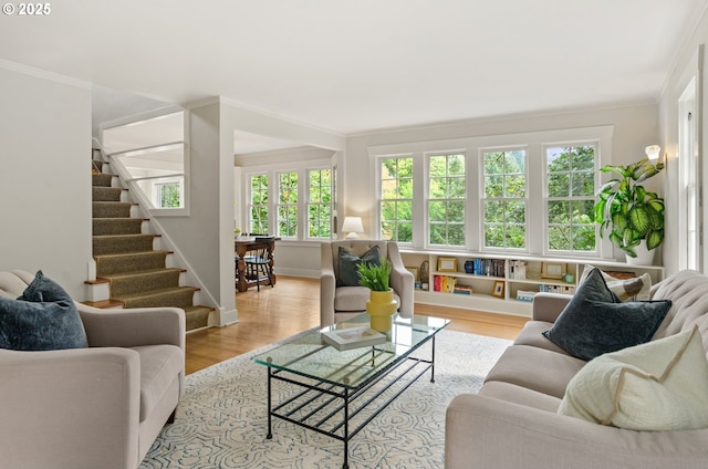 living room with light wood-type flooring and ornamental molding