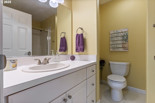 full bath with toilet, tile patterned floors, vanity, a shower, and baseboards