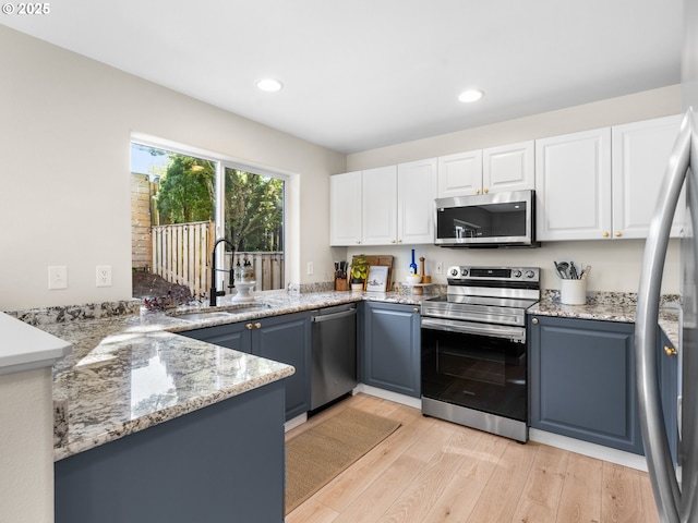 kitchen with light stone countertops, light wood-style floors, white cabinetry, a sink, and stainless steel appliances