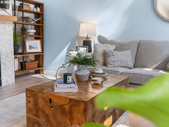 living room with baseboards and wood finished floors