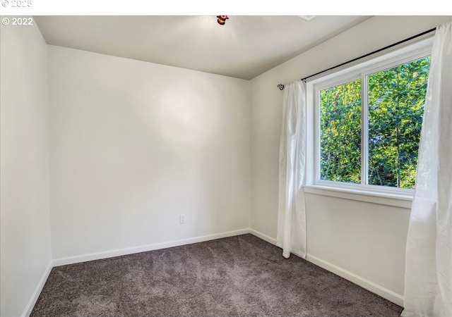 unfurnished room featuring a healthy amount of sunlight and dark colored carpet