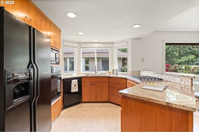 kitchen with a sink, a peninsula, black appliances, and a wealth of natural light