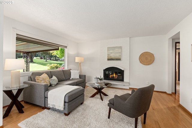 living area with baseboards, wood finished floors, and a fireplace