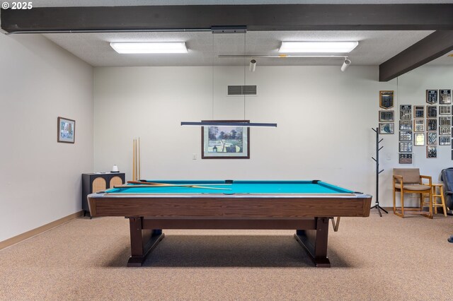 rec room featuring carpet floors, billiards, and visible vents