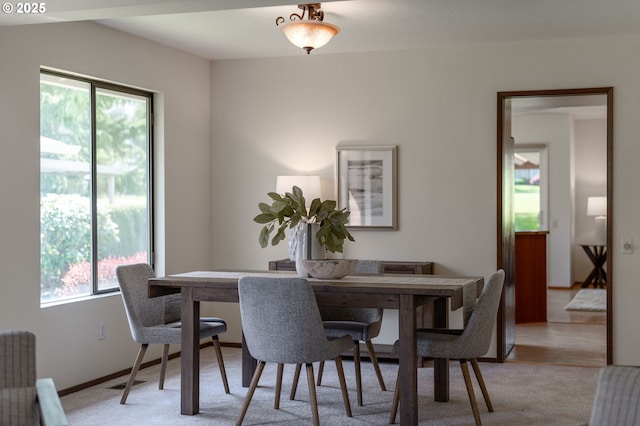 dining room with light colored carpet and radiator heating unit