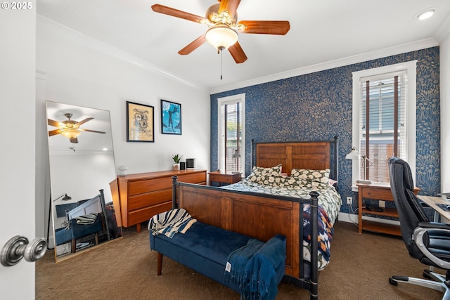 9628 N Exeter Ave, Portland, OR 97203 - bedroom featuring dark carpet, crown molding, a desk, and a ceiling fan