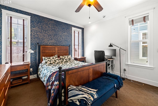 9628 N Exeter Ave, Portland, OR 97203 - carpeted bedroom with ornamental molding, multiple windows, and ceiling fan