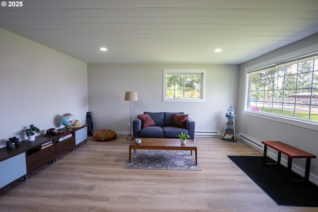 29311 Joy Ln, Ocean Park, WA 98640 - living room featuring wood finished floors, recessed lighting, a baseboard heating unit, and wood ceiling