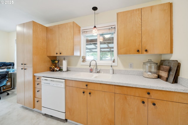 1510 SE 143rd Ave, Portland, OR 97233 - kitchen with dishwasher, hanging light fixtures, light brown cabinets, and light stone counters