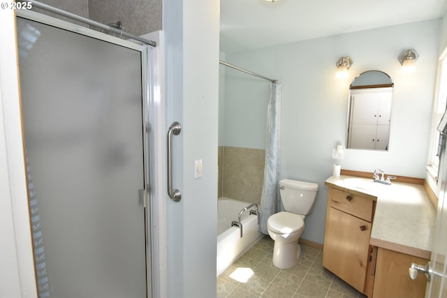 210 Holeman Ave, Eugene, OR 97404 - bathroom featuring vanity, toilet, shower / tub combo, and tile patterned flooring