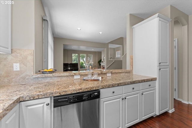 6638 NW Joss Ave, Portland, OR 97229 - kitchen featuring dishwasher, tile counters, white cabinets, backsplash, and dark wood finished floors