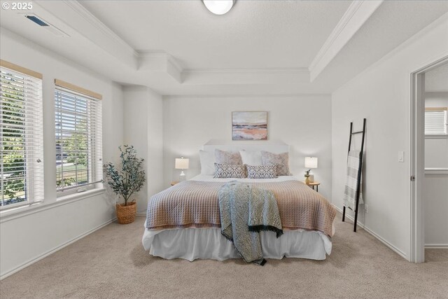6638 NW Joss Ave, Portland, OR 97229 - carpeted bedroom with a raised ceiling, ornamental molding, and baseboards