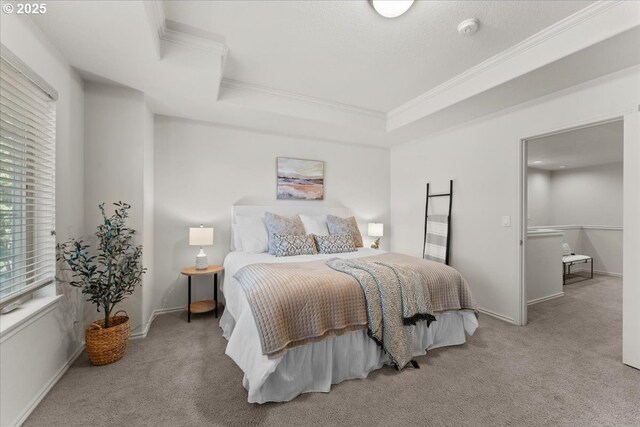 6638 NW Joss Ave, Portland, OR 97229 - carpeted bedroom with crown molding, a tray ceiling, and baseboards