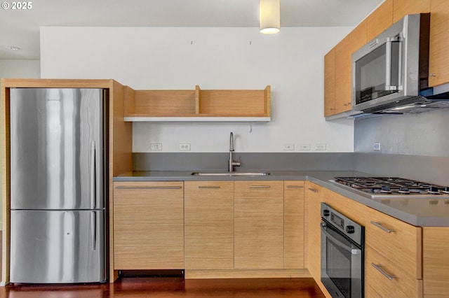 kitchen with appliances with stainless steel finishes, modern cabinets, open shelves, a sink, and light brown cabinets