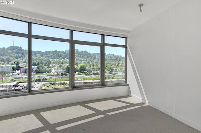 spare room featuring carpet flooring, baseboards, and vaulted ceiling