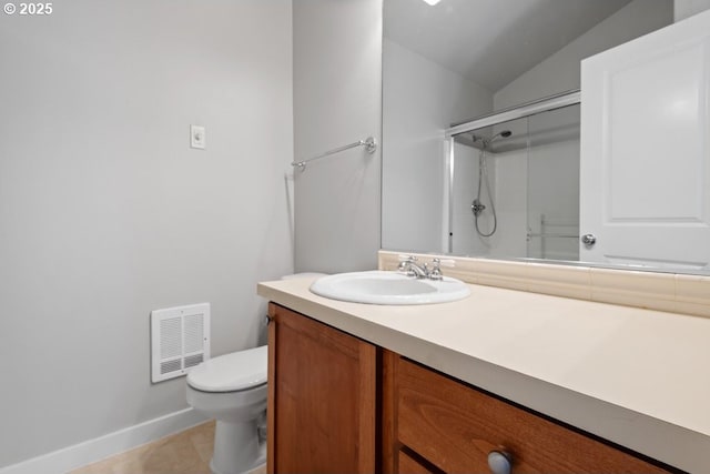 1919 NE 50th Way, Hillsboro, OR 97124 - bathroom with vanity, a shower with shower door, toilet, baseboards, and vaulted ceiling