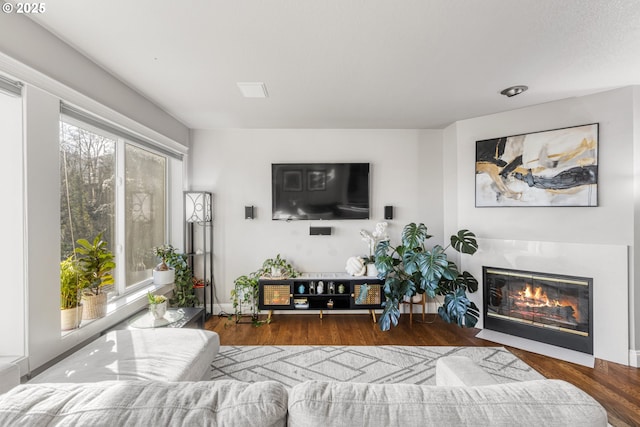 living room with dark wood-type flooring