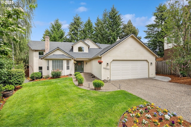 19580 SW 56th Ct, Tualatin, OR 97062 - traditional home with a garage, concrete driveway, roof with shingles, and a chimney
