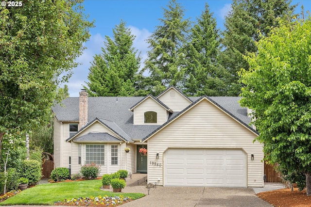 19580 SW 56th Ct, Tualatin, OR 97062 - traditional home with concrete driveway, a shingled roof, an attached garage, and a chimney