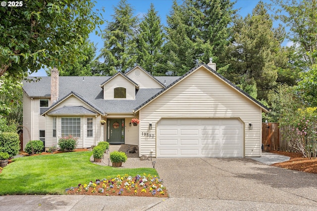 19580 SW 56th Ct, Tualatin, OR 97062 - traditional-style home featuring a chimney, a garage, driveway, and a shingled roof