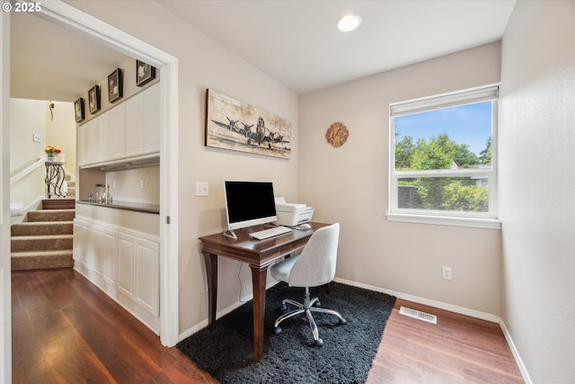 19580 SW 56th Ct, Tualatin, OR 97062 - home office with dark wood-type flooring, baseboards, and recessed lighting