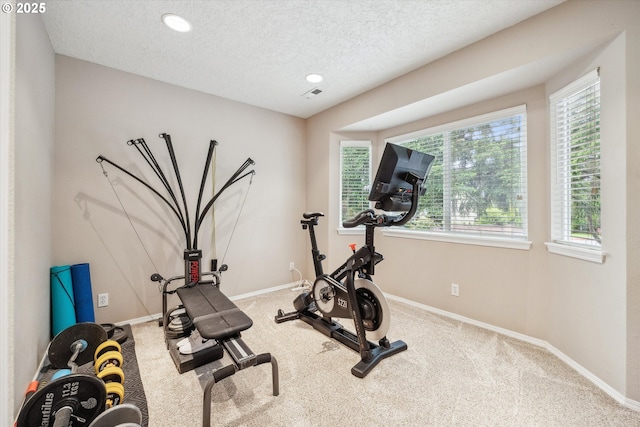 19580 SW 56th Ct, Tualatin, OR 97062 - workout room featuring baseboards, a textured ceiling, carpet, and recessed lighting