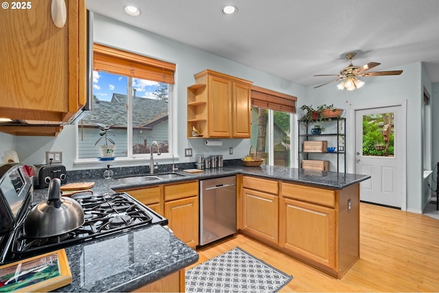 23804 SW Golden Pond Ter, Sherwood, OR 97140 - kitchen with stainless steel appliances, a sink, a peninsula, light wood-style floors, and a ceiling fan