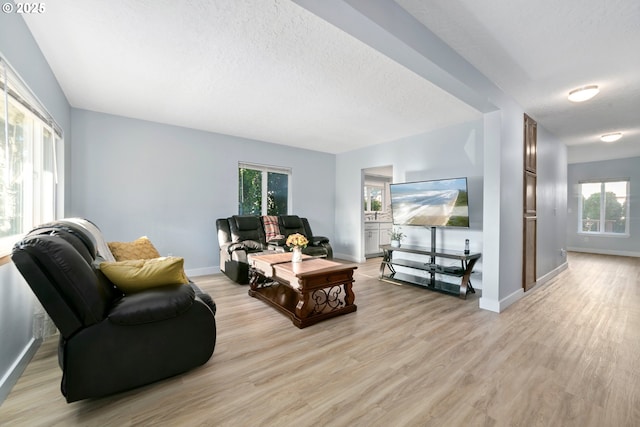 living area featuring baseboards, a textured ceiling, and light wood finished floors