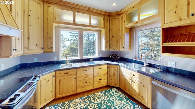 kitchen with tile countertops, a sink, light brown cabinetry, under cabinet range hood, and appliances with stainless steel finishes