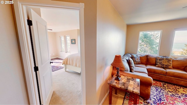 living room featuring light carpet, a healthy amount of sunlight, and baseboards