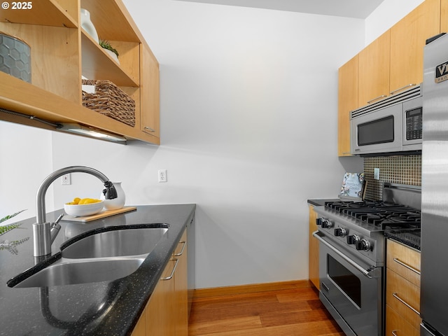 kitchen featuring open shelves, a sink, light wood-style floors, stainless steel appliances, and tasteful backsplash