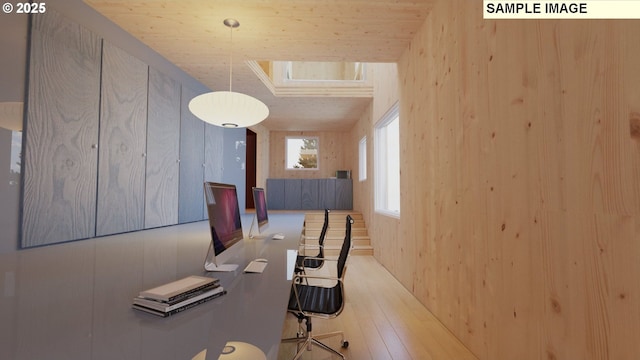 office area featuring wood ceiling, hardwood / wood-style floors, and wood walls