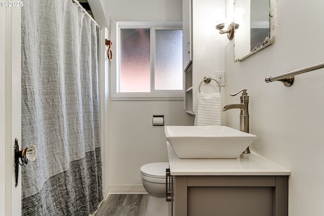 bathroom featuring vanity, hardwood / wood-style floors, and toilet