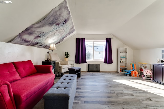 interior space featuring wood-type flooring and vaulted ceiling