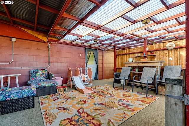 view of patio / terrace with an outdoor living space and a pergola