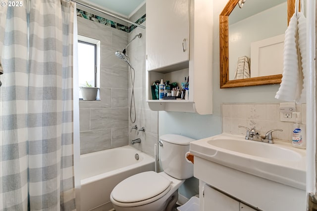 bathroom featuring tasteful backsplash, toilet, and shower / bathtub combination with curtain