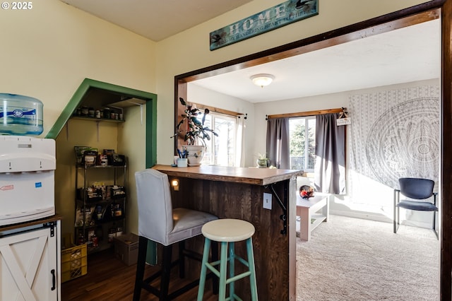 kitchen featuring carpet flooring, a kitchen bar, and kitchen peninsula