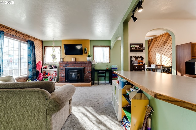 living room with carpet flooring, a fireplace, track lighting, a textured ceiling, and wood walls